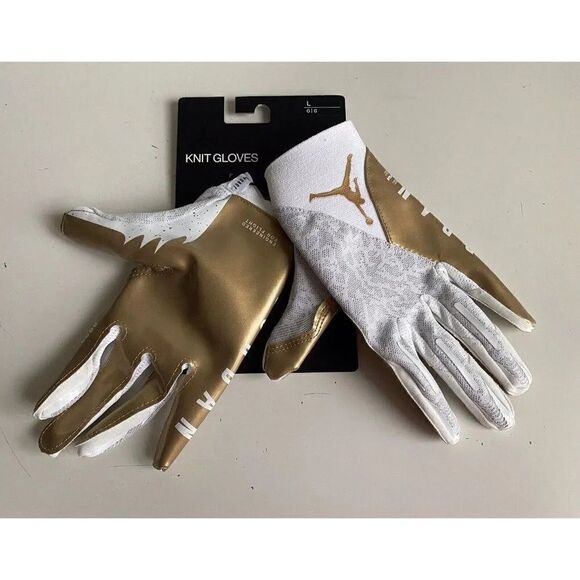 NIKE JORDAN VAPOR KNIT 4.0 METALLIC Football Receiver Gloves White Gold Size L - Picture 2 of 10